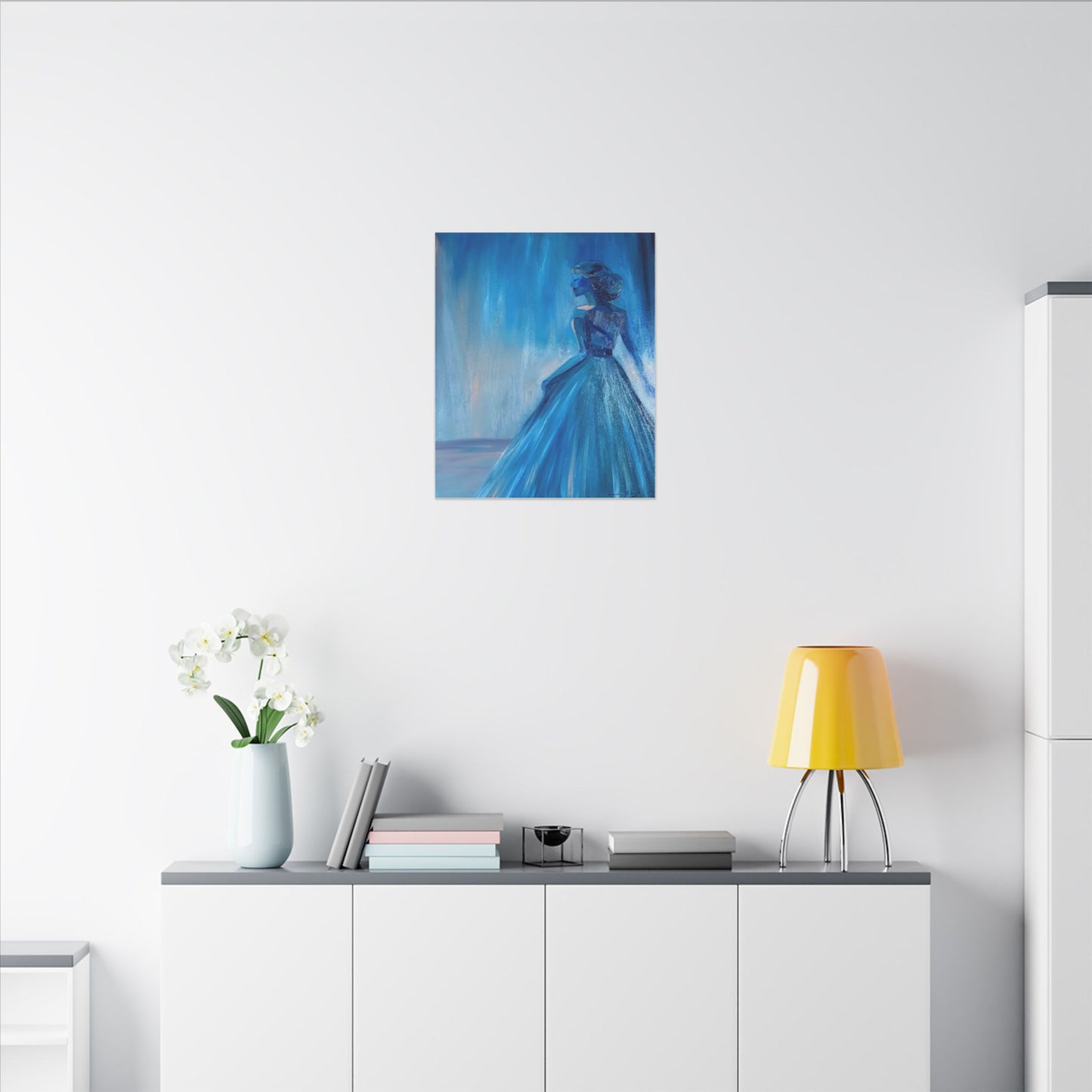 Lady Blue Behind the Waterfall on Canvas - Elegant Woman Silhouette Wall Art