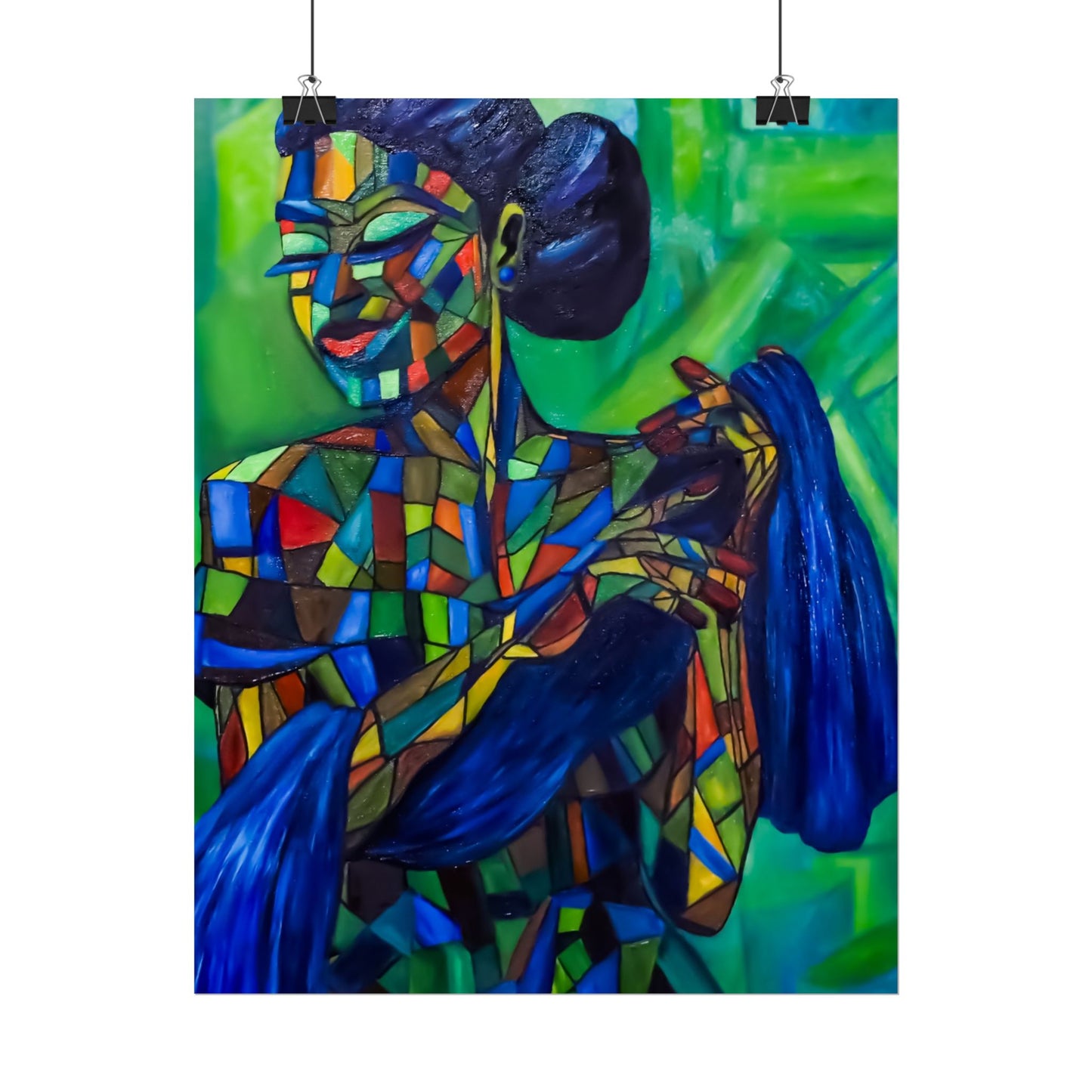 Rolled Poster — Colorful Mosaic Woman Art Print (Blue Hair, Vibrant Abstract)