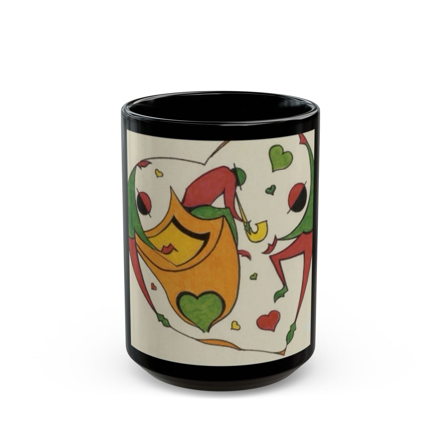 Jester Heart Black Mug — Playful Carnival Tea Coffee Cup (11oz/15oz)