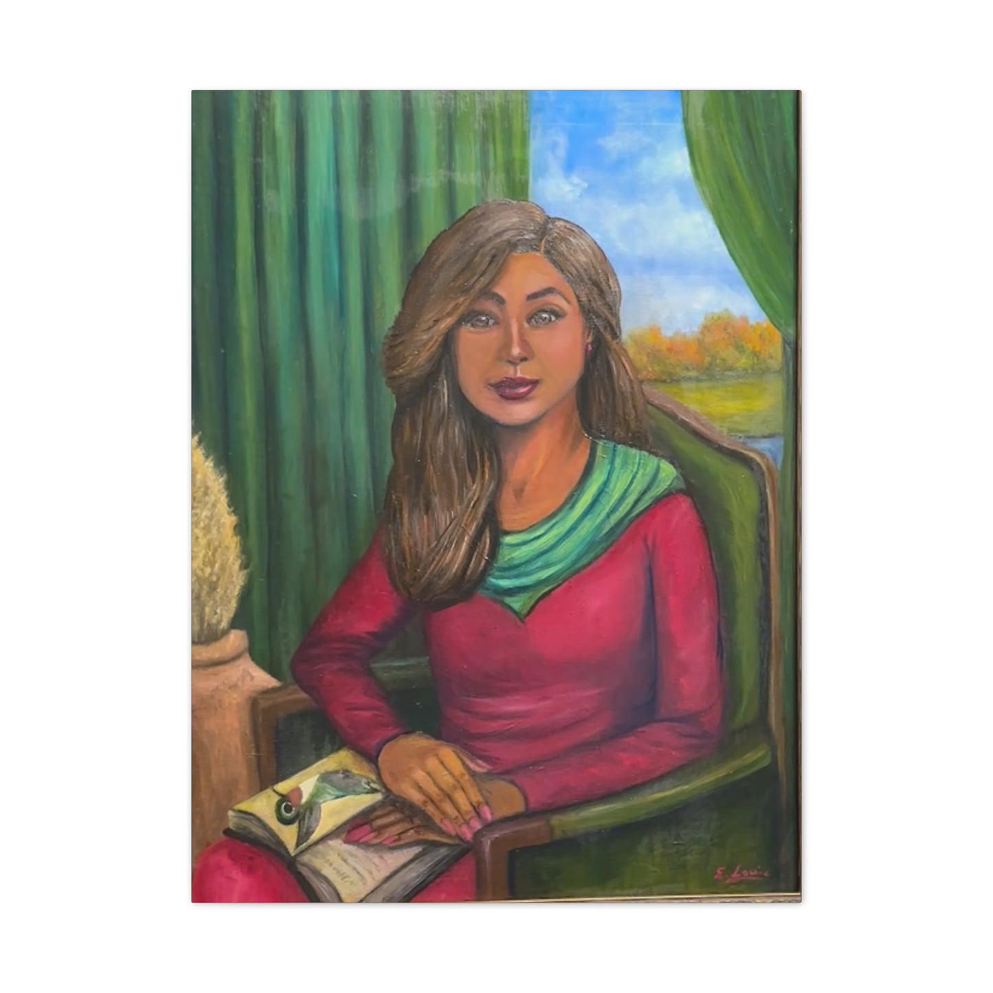 Portrait Canvas Print — Woman Reading in Cozy Green Interior