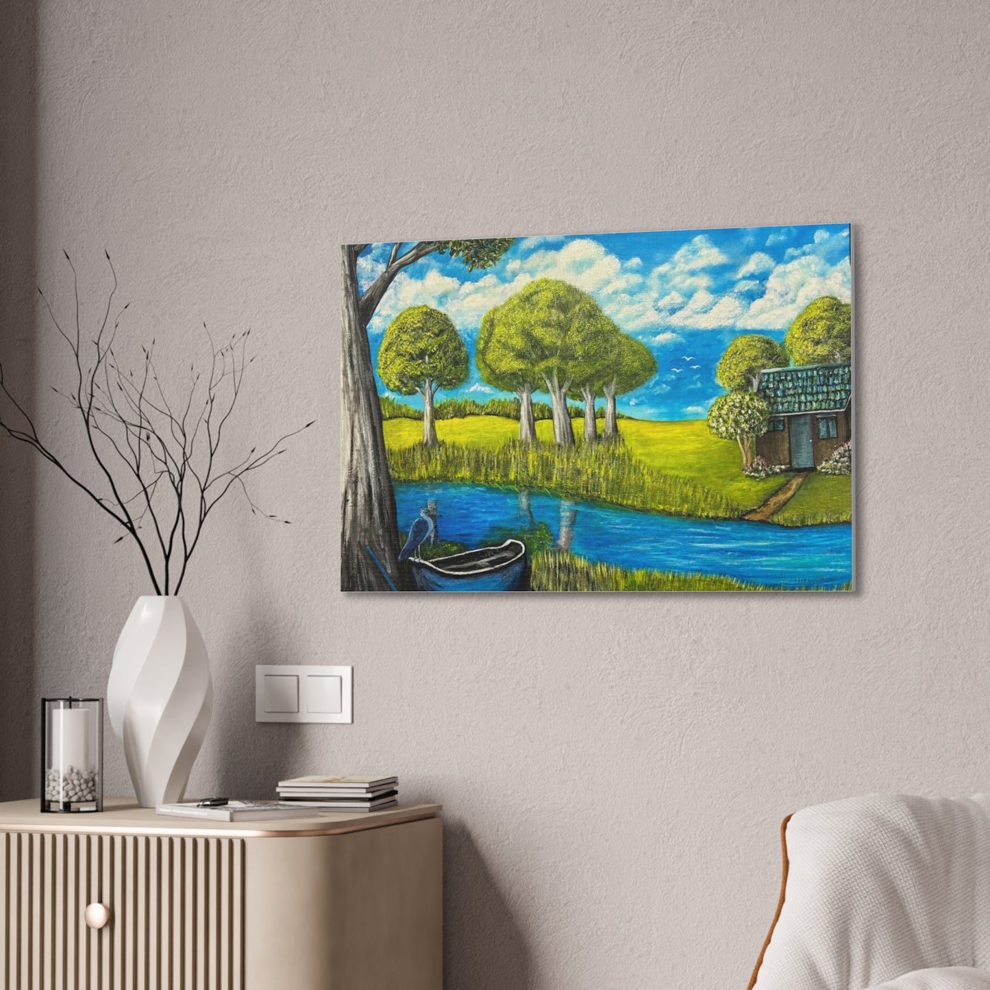 Cottage by the River – Tranquil Lakeside Landscape Print