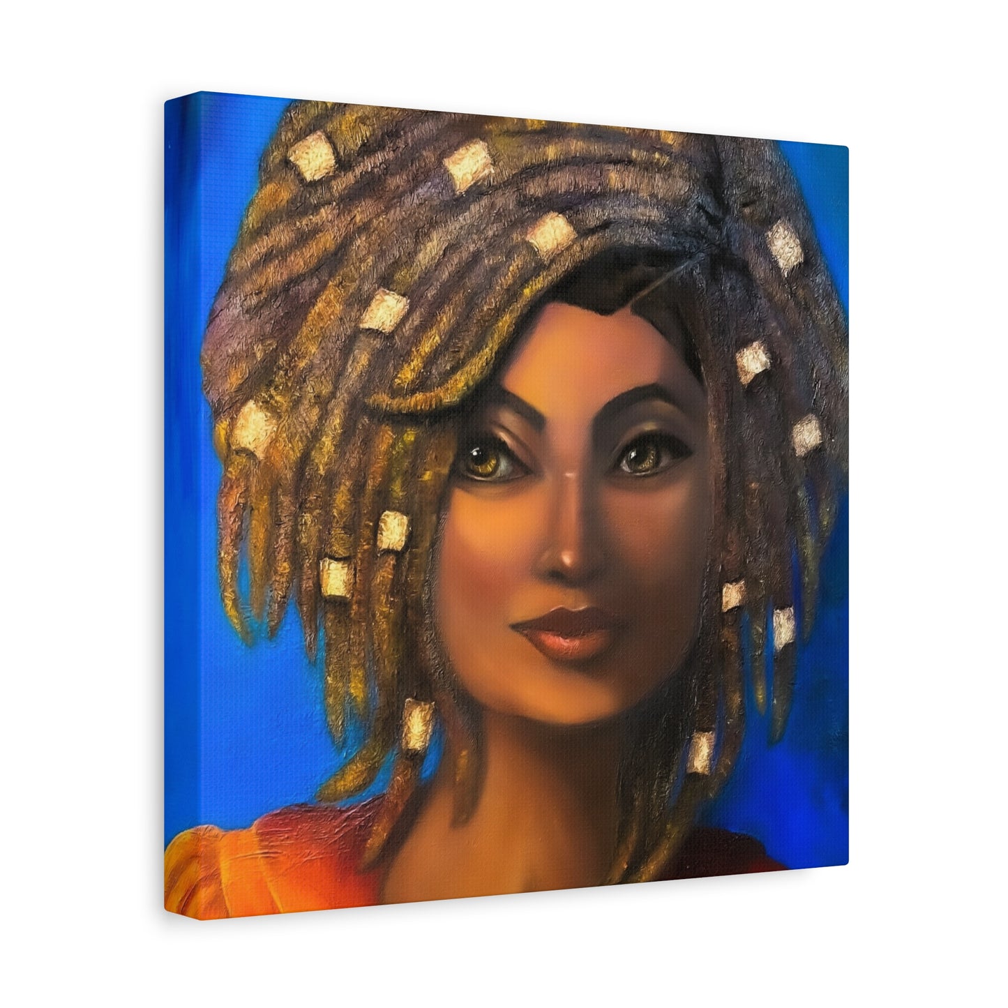 African Woman Portrait Canvas - Vibrant Blue Matte Stretched Wall Art