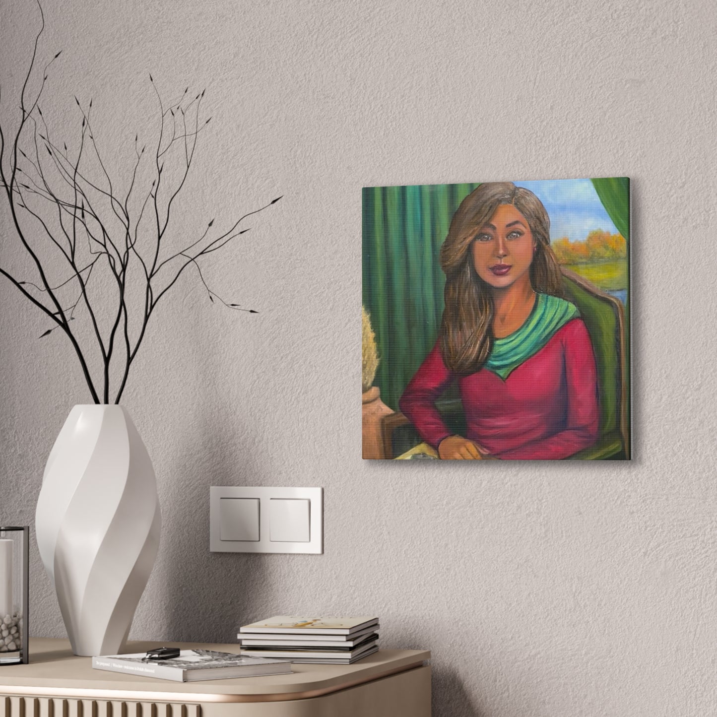 Portrait Canvas Print — Woman Reading in Cozy Green Interior