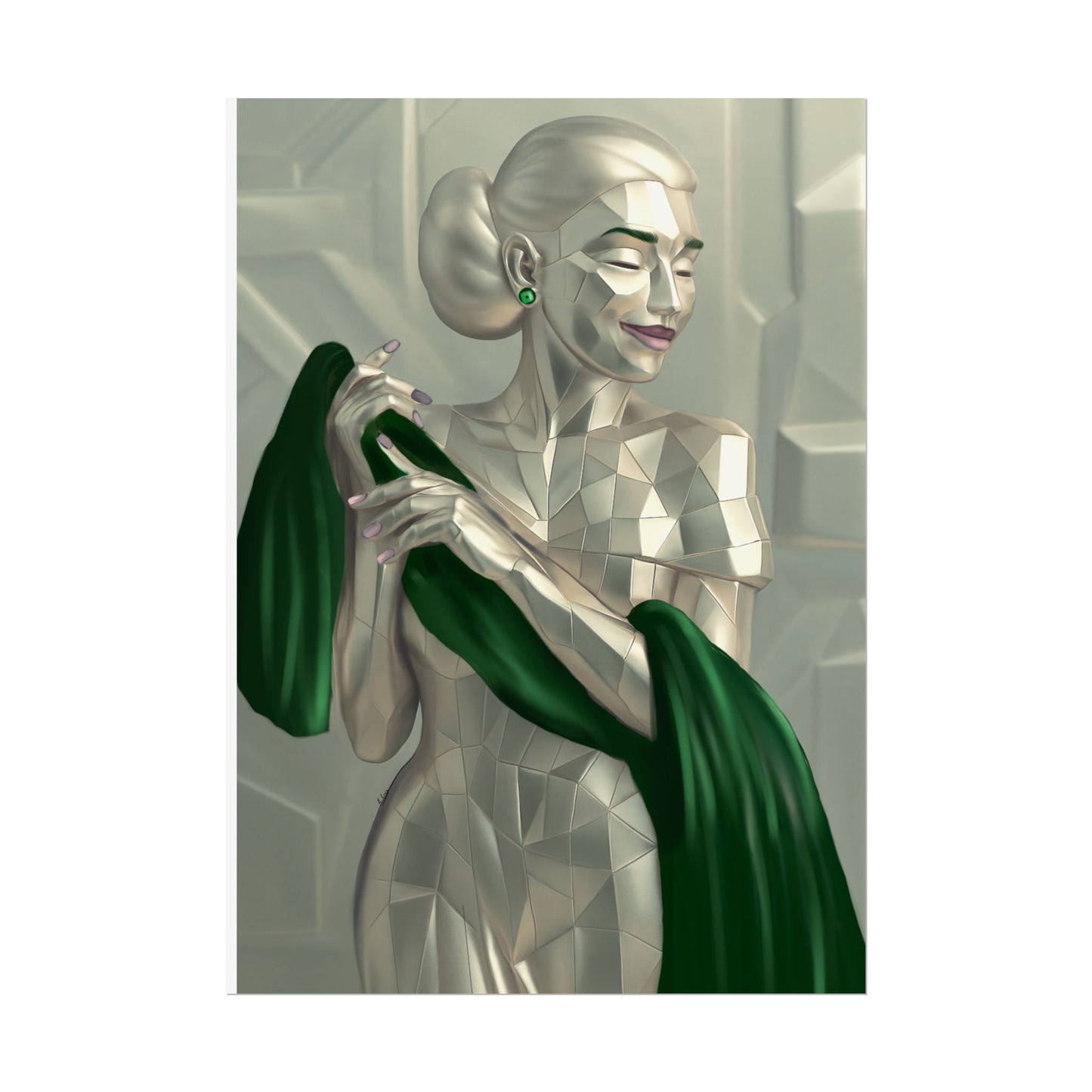 Art Deco Metallic Woman Rolled Poster — Elegant Geometric Portrait with Green Scarf