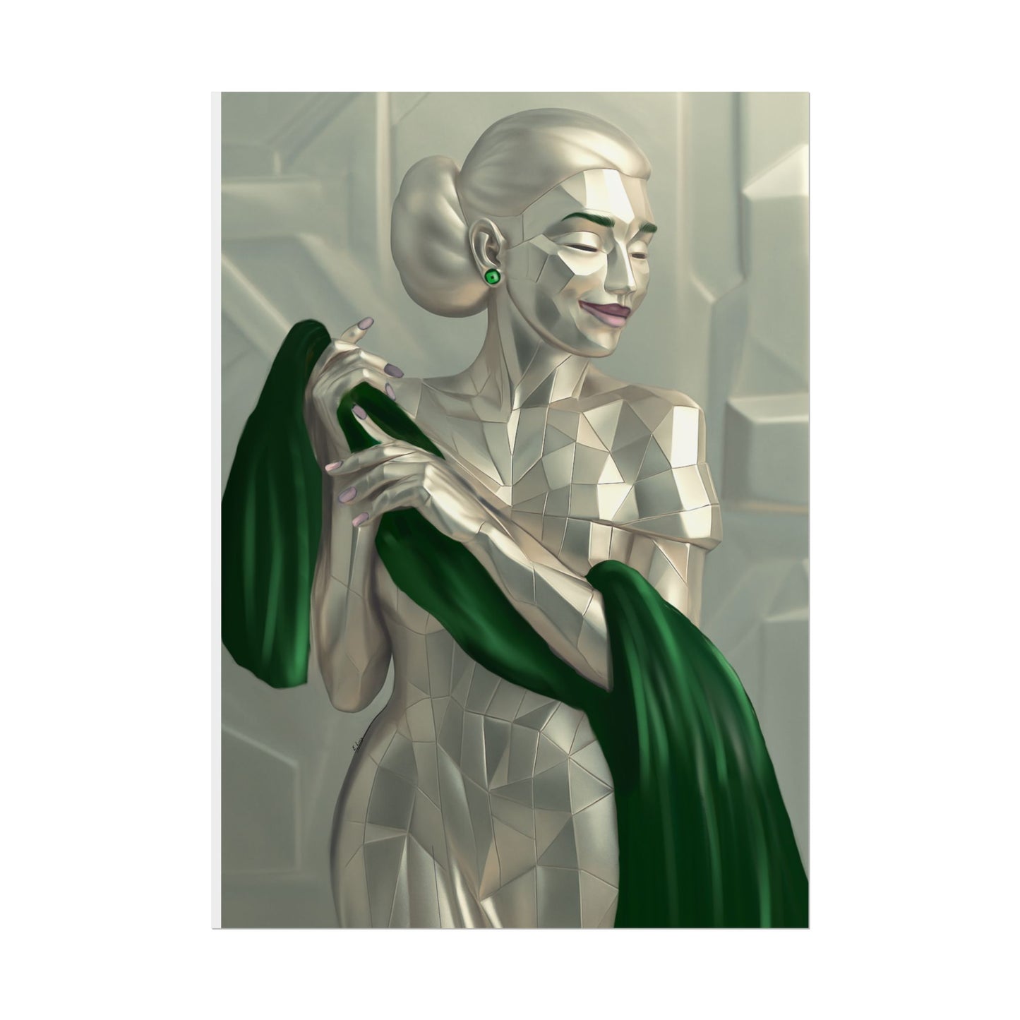 Art Deco Metallic Woman Rolled Poster — Elegant Geometric Portrait with Green Scarf