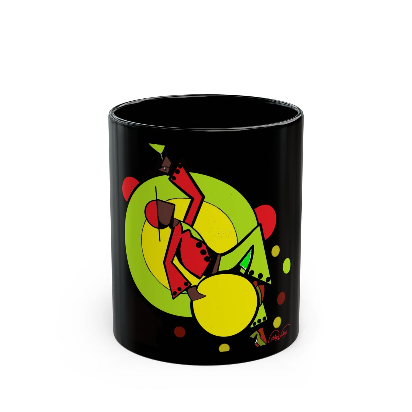 Abstract Retro Drummer Black Mug — Colorful Percussion Art Coffee Cup