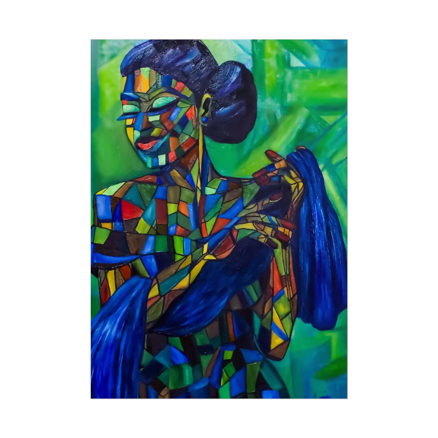 Rolled Poster — Colorful Mosaic Woman Art Print (Blue Hair, Vibrant Abstract)