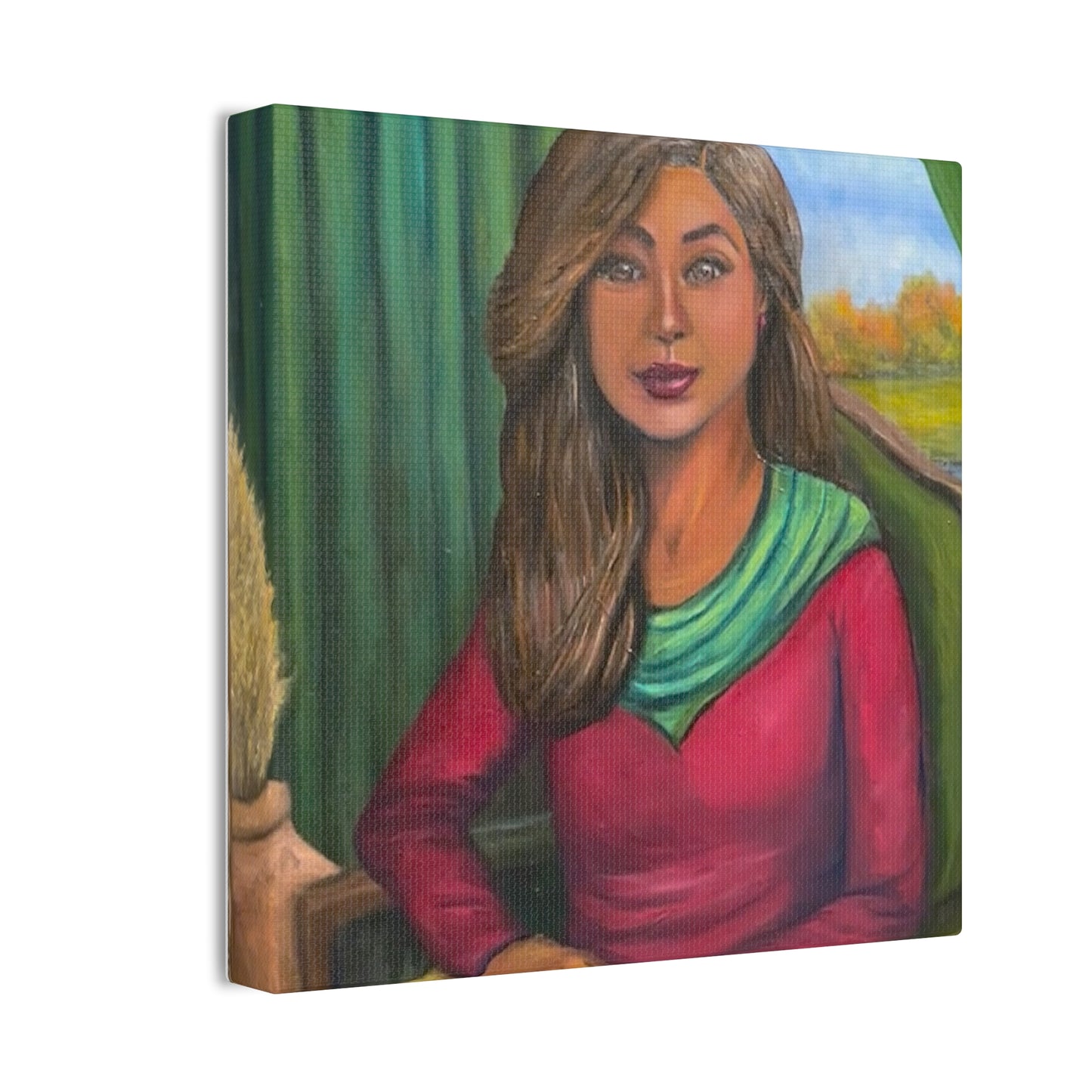 Portrait Canvas Print — Woman Reading in Cozy Green Interior