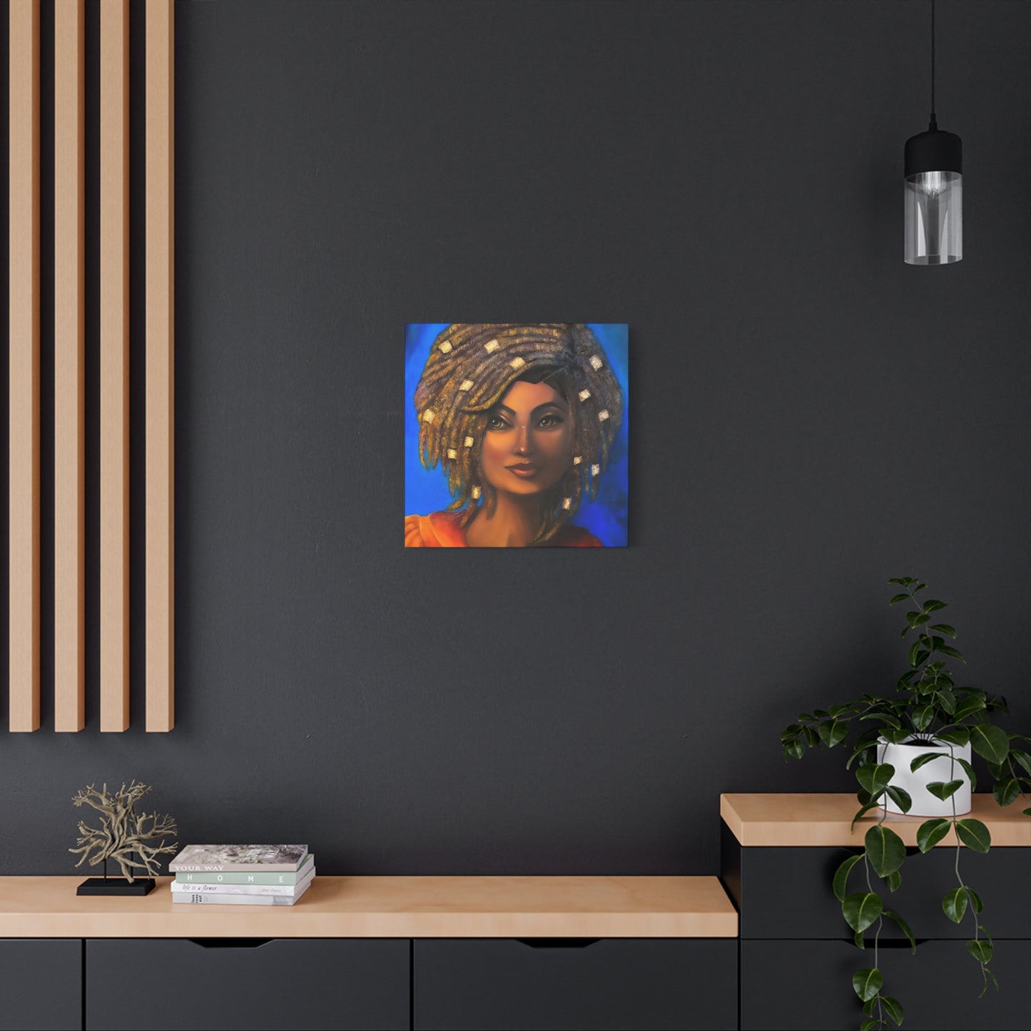 African Woman Portrait Canvas - Vibrant Blue Matte Stretched Wall Art