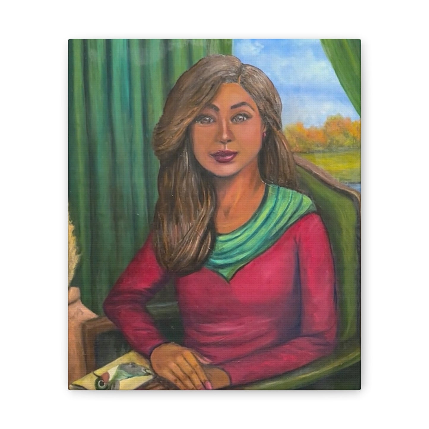Portrait Canvas Print — Woman Reading in Cozy Green Interior
