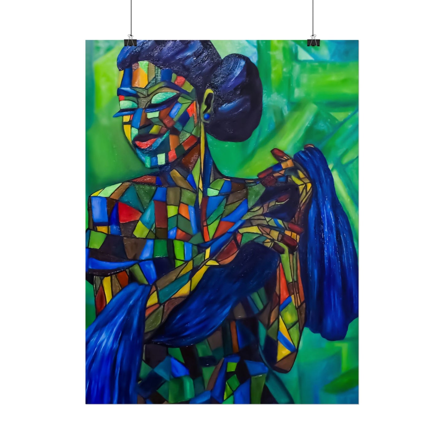 Rolled Poster — Colorful Mosaic Woman Art Print (Blue Hair, Vibrant Abstract)