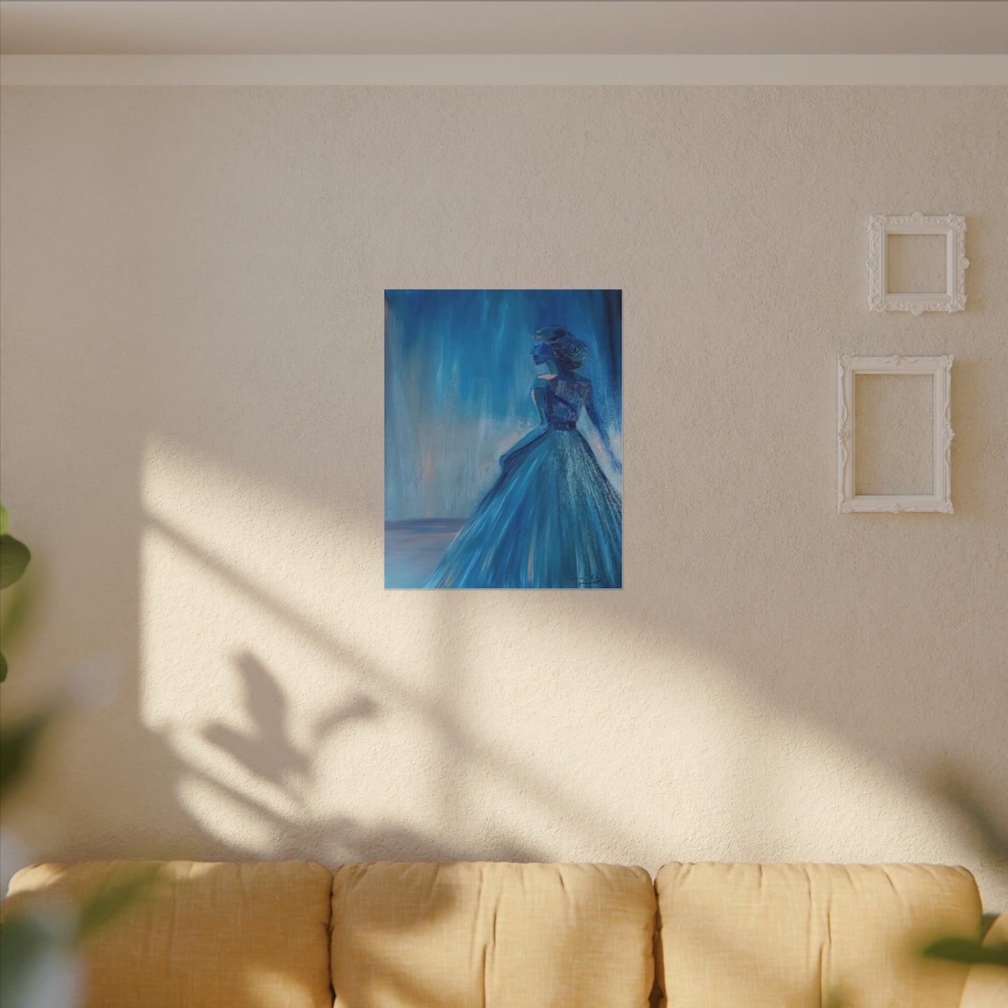 Lady Blue Behind the Waterfall on Canvas - Elegant Woman Silhouette Wall Art