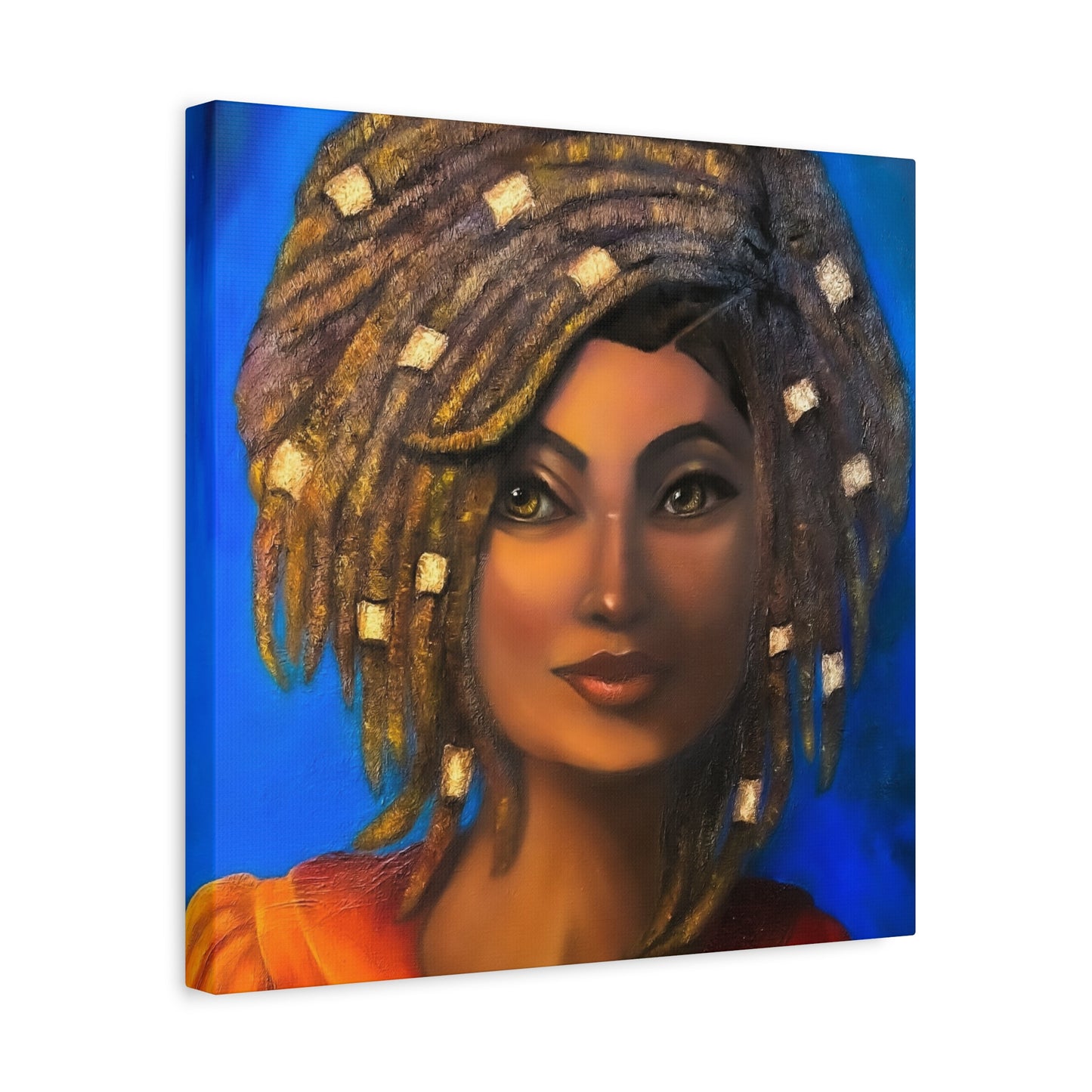 African Woman Portrait Canvas - Vibrant Blue Matte Stretched Wall Art