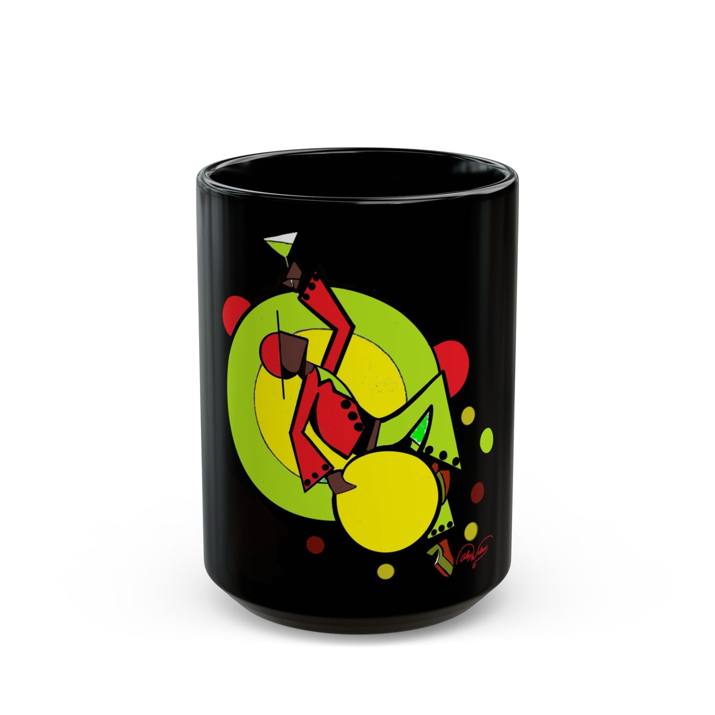 Abstract Retro Drummer Black Mug — Colorful Percussion Art Coffee Cup