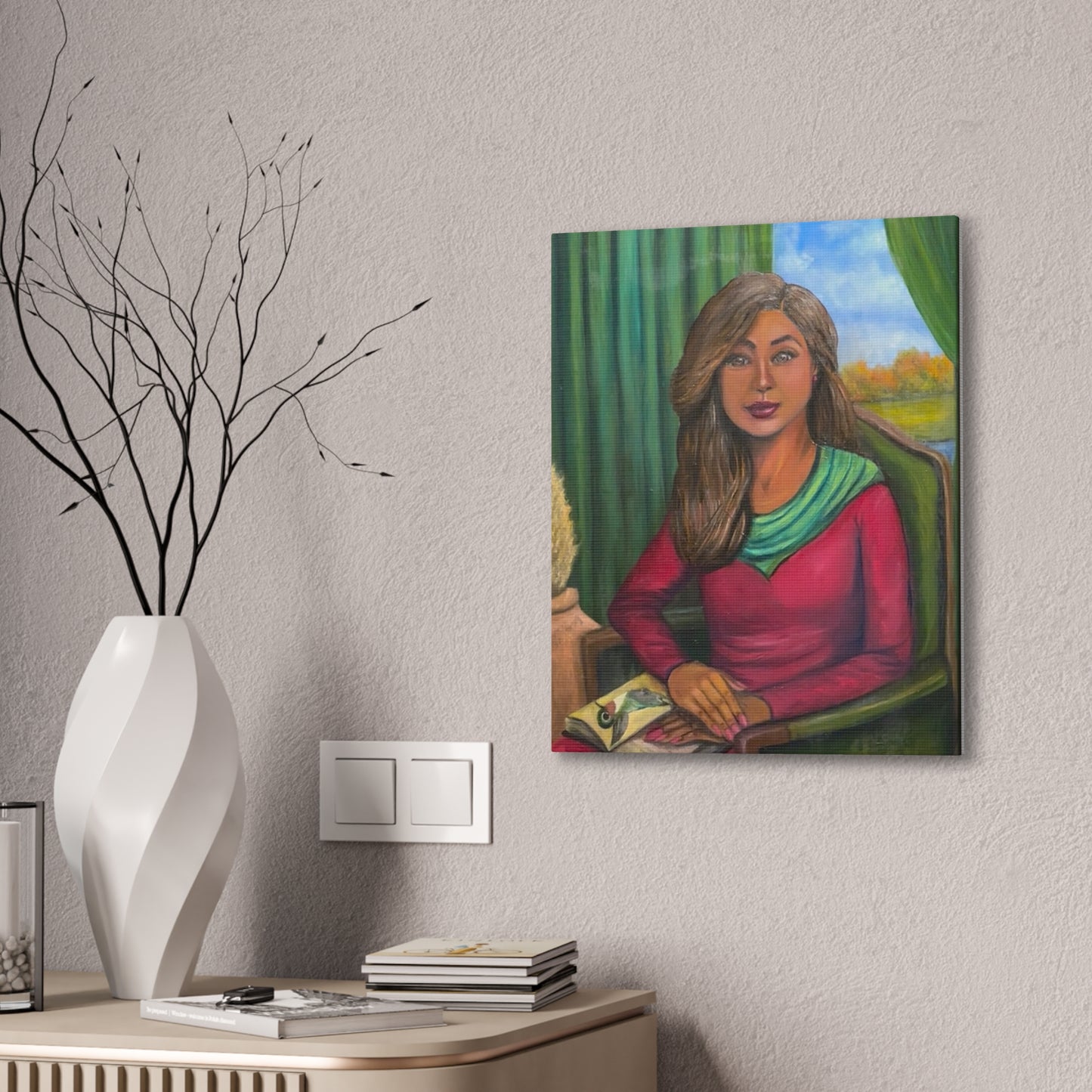 Portrait Canvas Print — Woman Reading in Cozy Green Interior