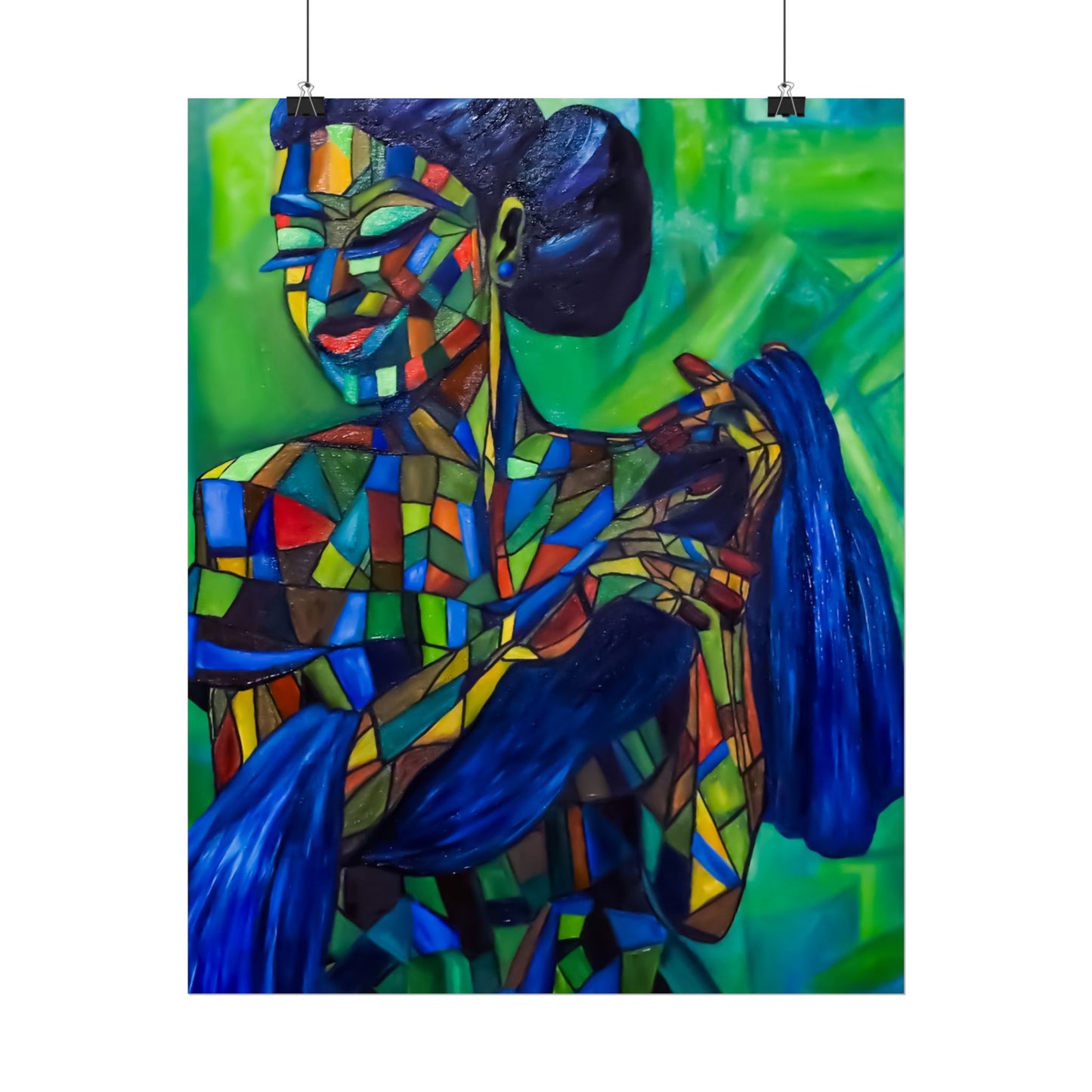 Rolled Poster — Colorful Mosaic Woman Art Print (Blue Hair, Vibrant Abstract)