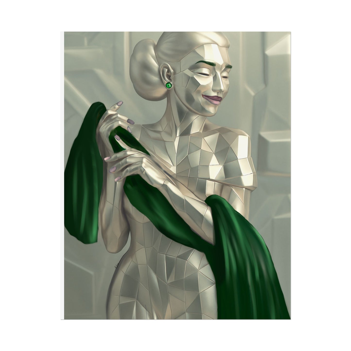 Art Deco Metallic Woman Rolled Poster — Elegant Geometric Portrait with Green Scarf