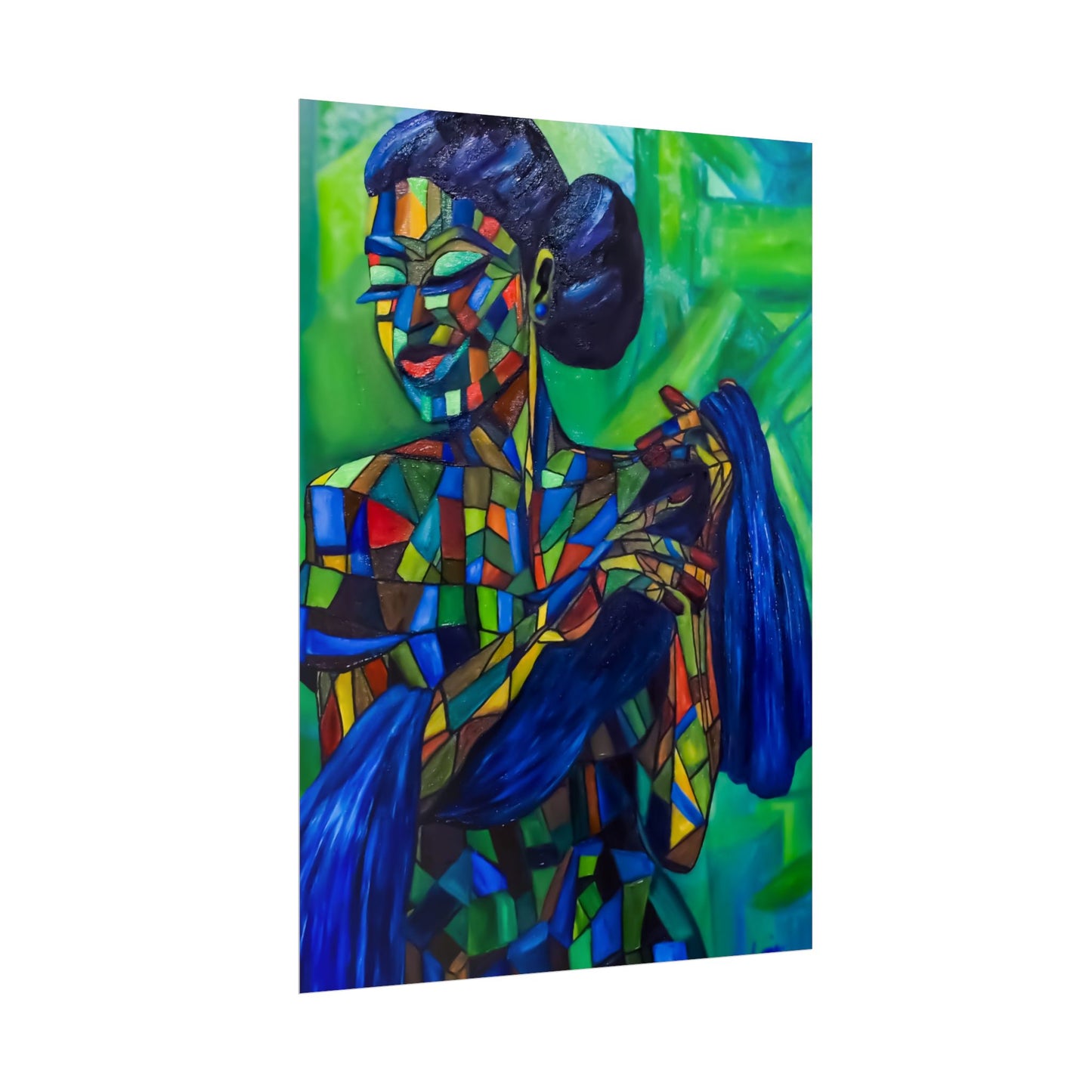 Rolled Poster — Colorful Mosaic Woman Art Print (Blue Hair, Vibrant Abstract)