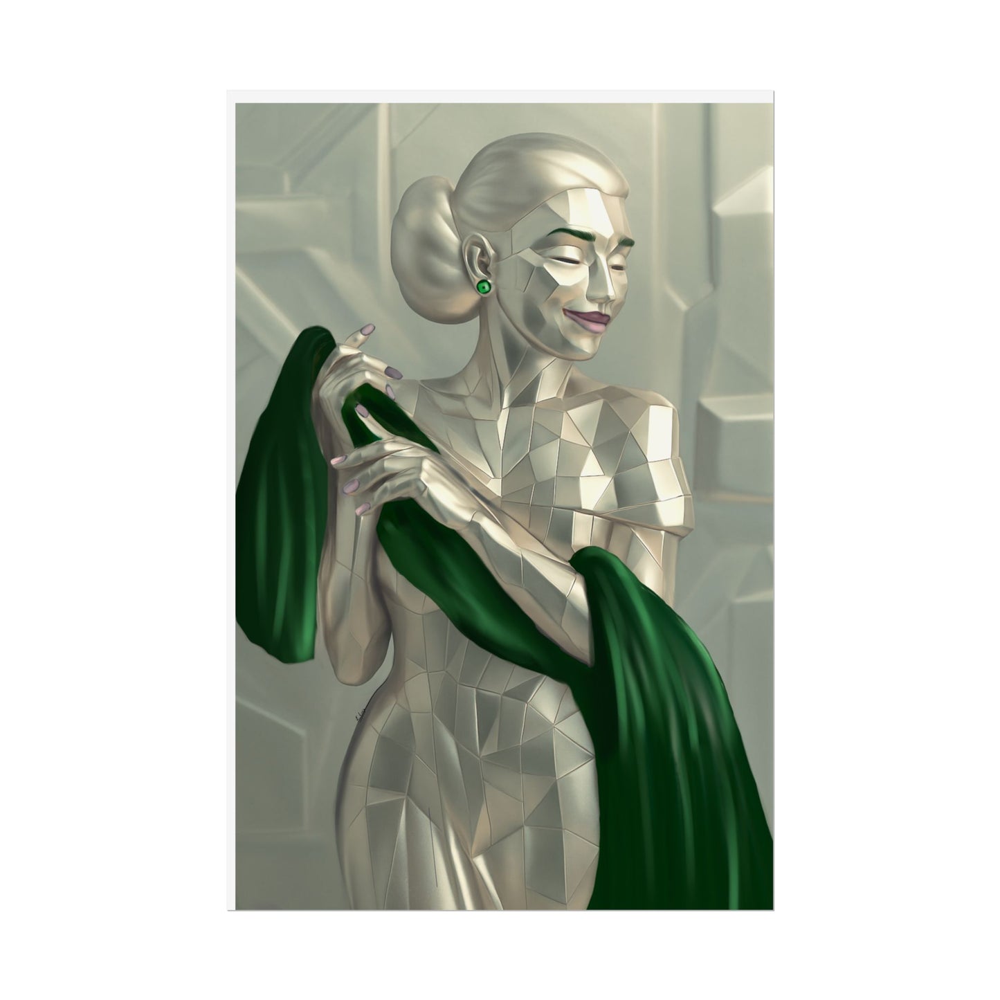 Art Deco Metallic Woman Rolled Poster — Elegant Geometric Portrait with Green Scarf