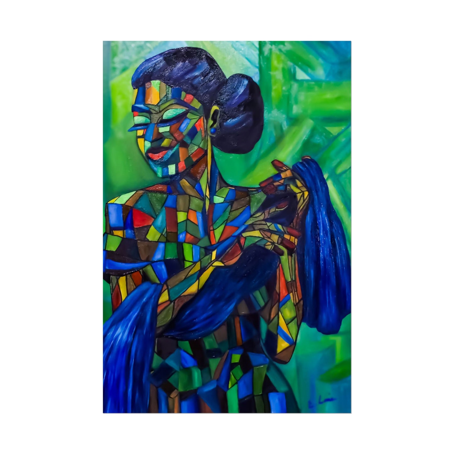 Rolled Poster — Colorful Mosaic Woman Art Print (Blue Hair, Vibrant Abstract)