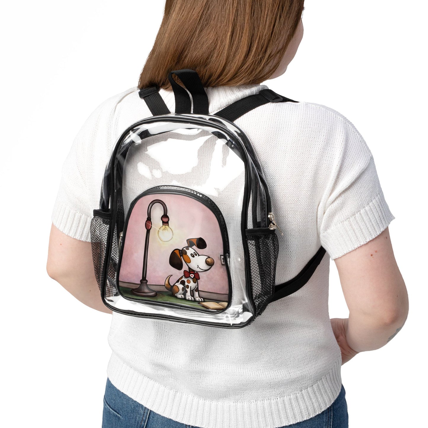 Clear Stadium Backpack with Cute Dog Lamp Print — Transparent School & Event Bag