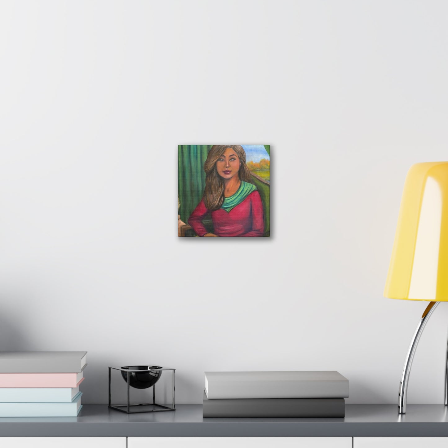 Portrait Canvas Print — Woman Reading in Cozy Green Interior