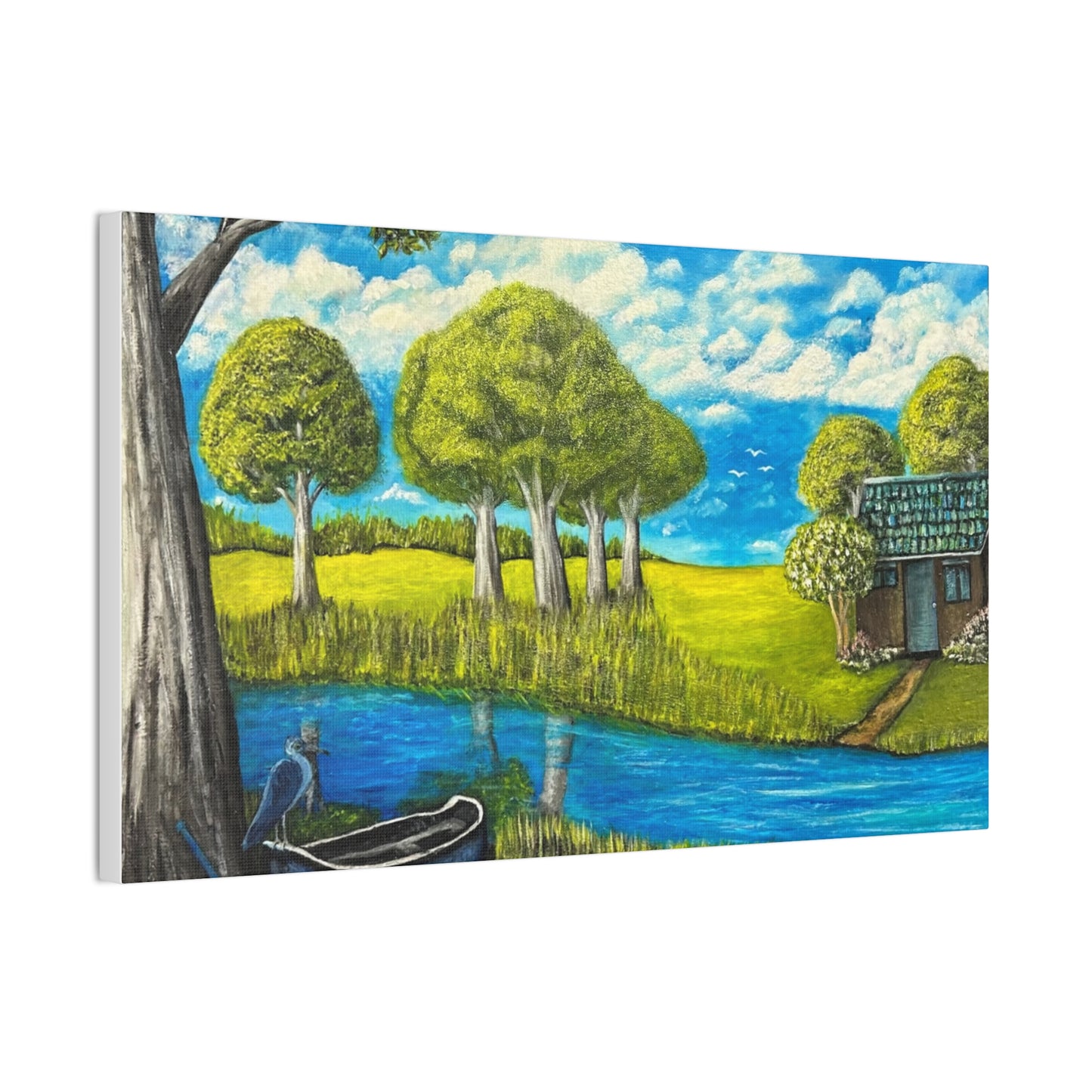 Cottage by the River – Tranquil Lakeside Landscape Print
