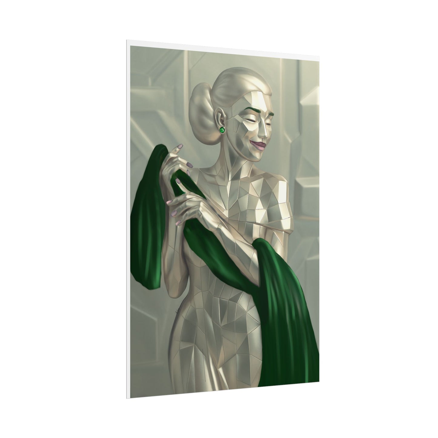 Art Deco Metallic Woman Rolled Poster — Elegant Geometric Portrait with Green Scarf