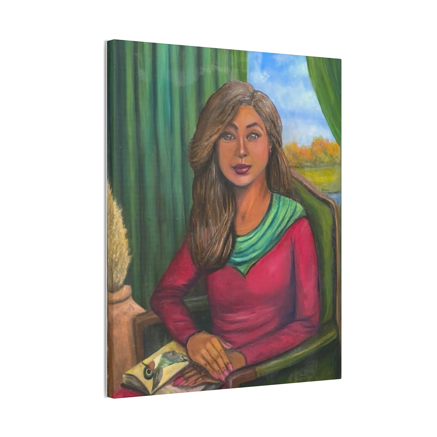 Portrait Canvas Print — Woman Reading in Cozy Green Interior