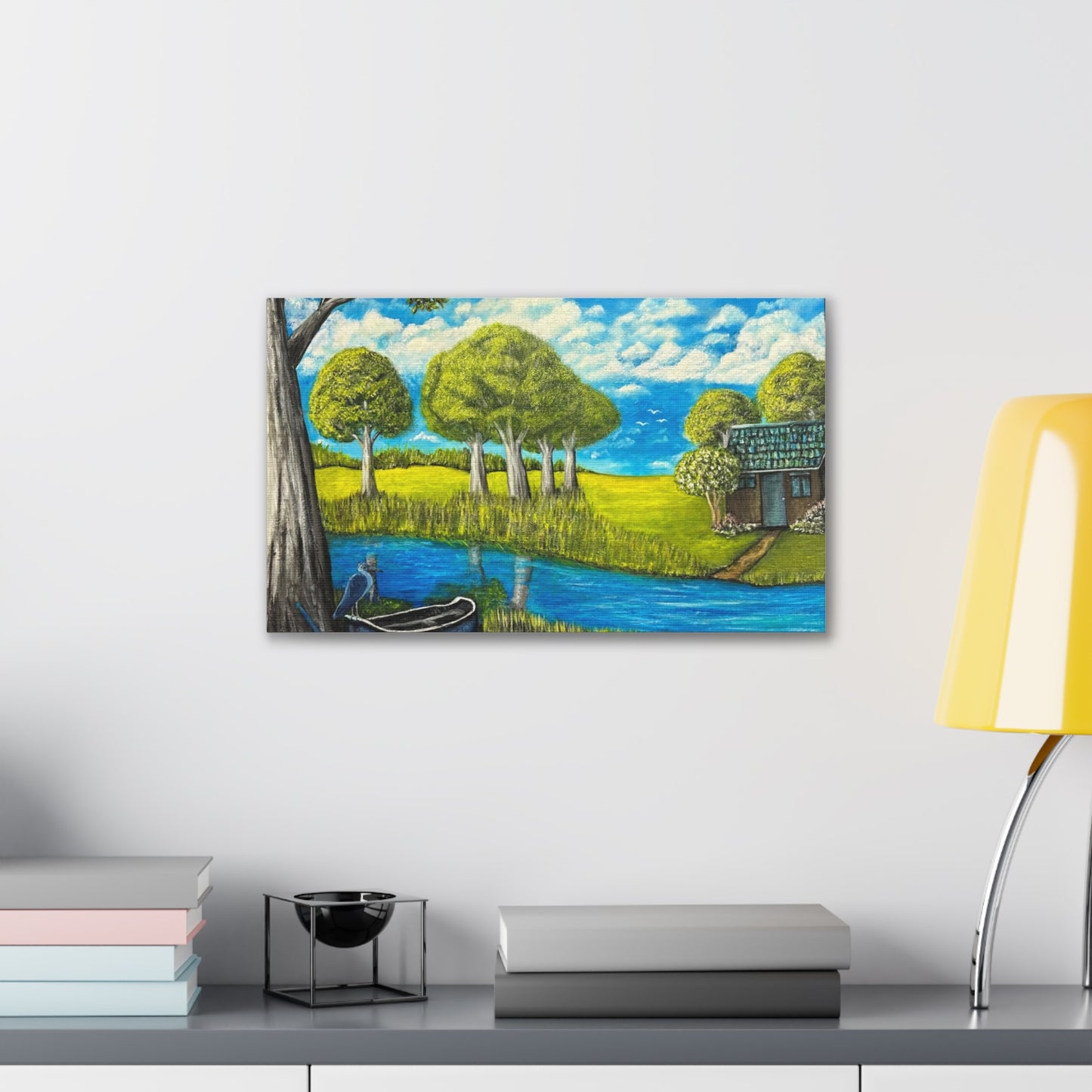 Cottage by the River – Tranquil Lakeside Landscape Print
