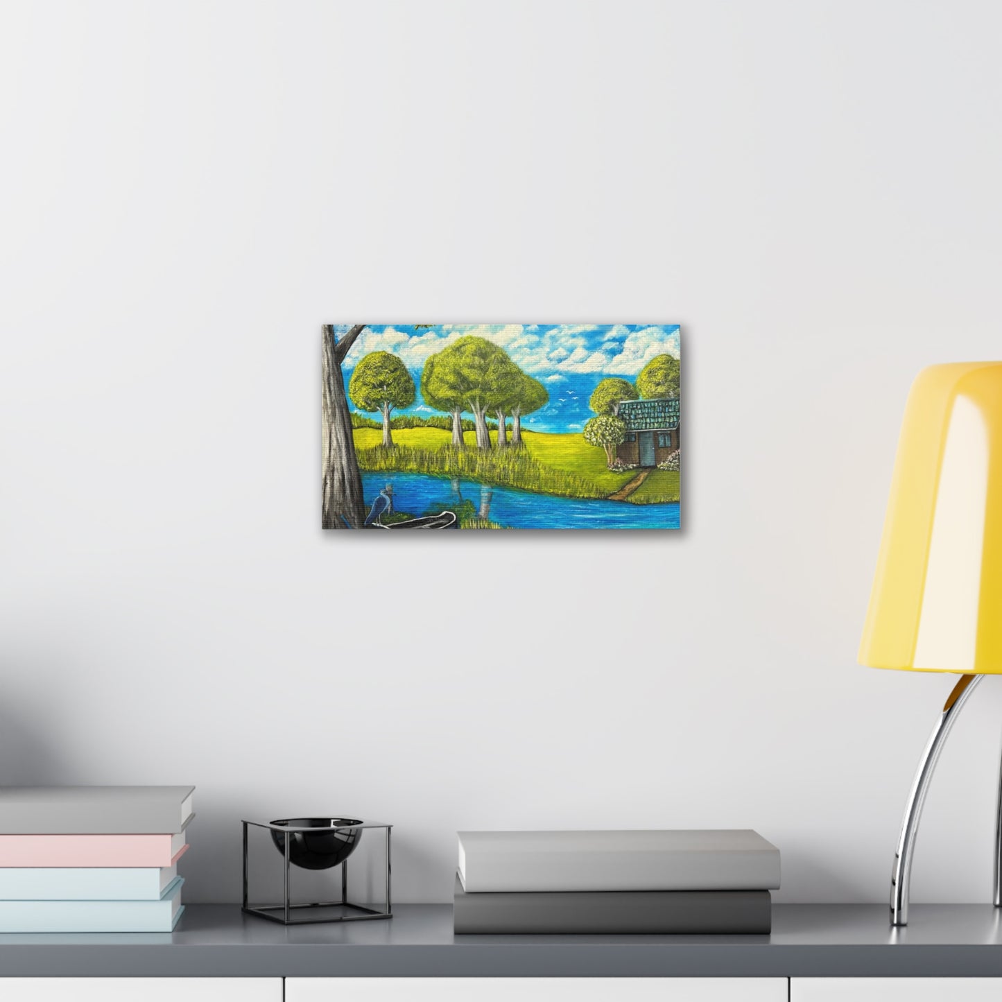 Cottage by the River – Tranquil Lakeside Landscape Print