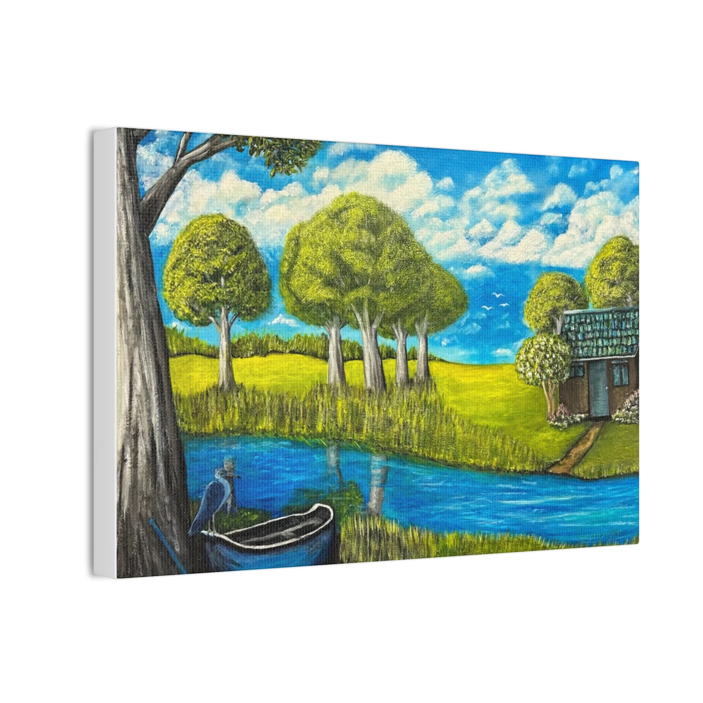 Cottage by the River – Tranquil Lakeside Landscape Print