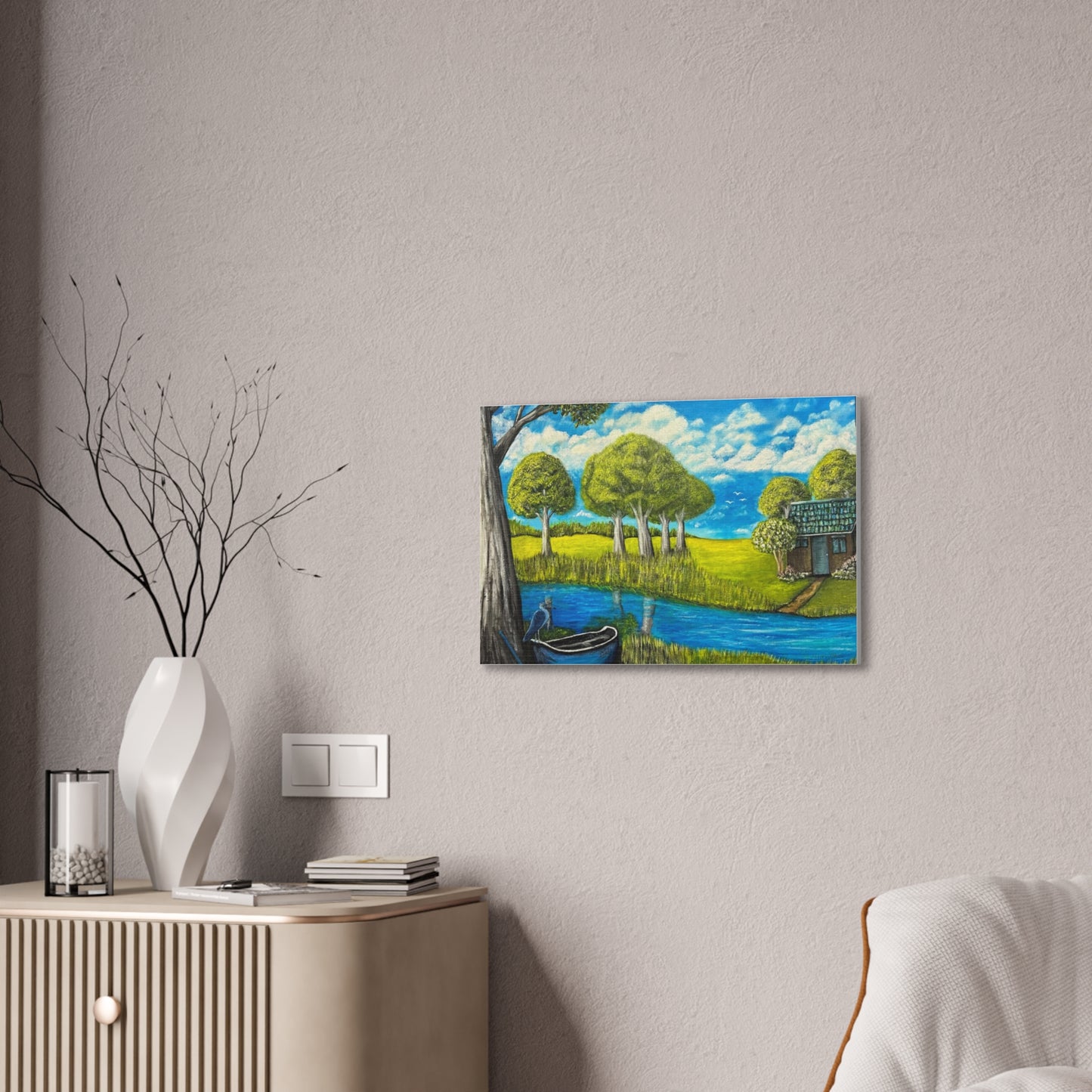 Cottage by the River – Tranquil Lakeside Landscape Print