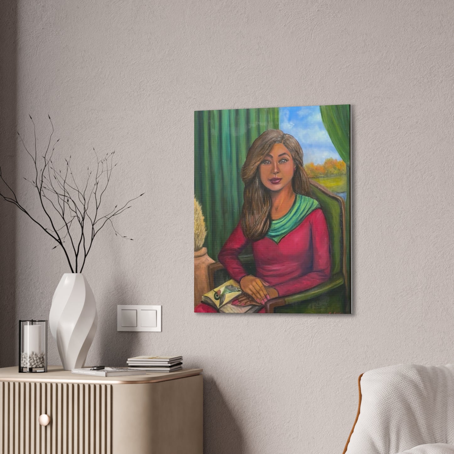 Portrait Canvas Print — Woman Reading in Cozy Green Interior