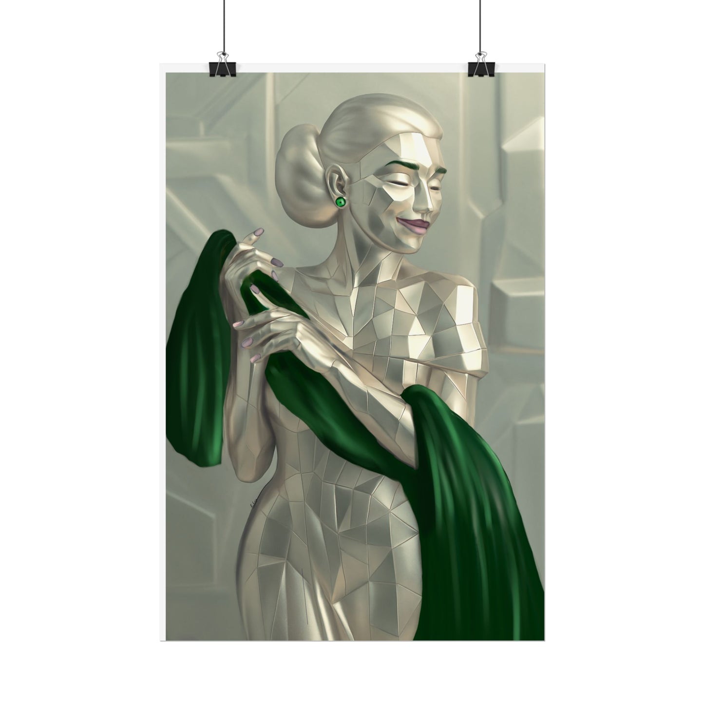 Art Deco Metallic Woman Rolled Poster — Elegant Geometric Portrait with Green Scarf