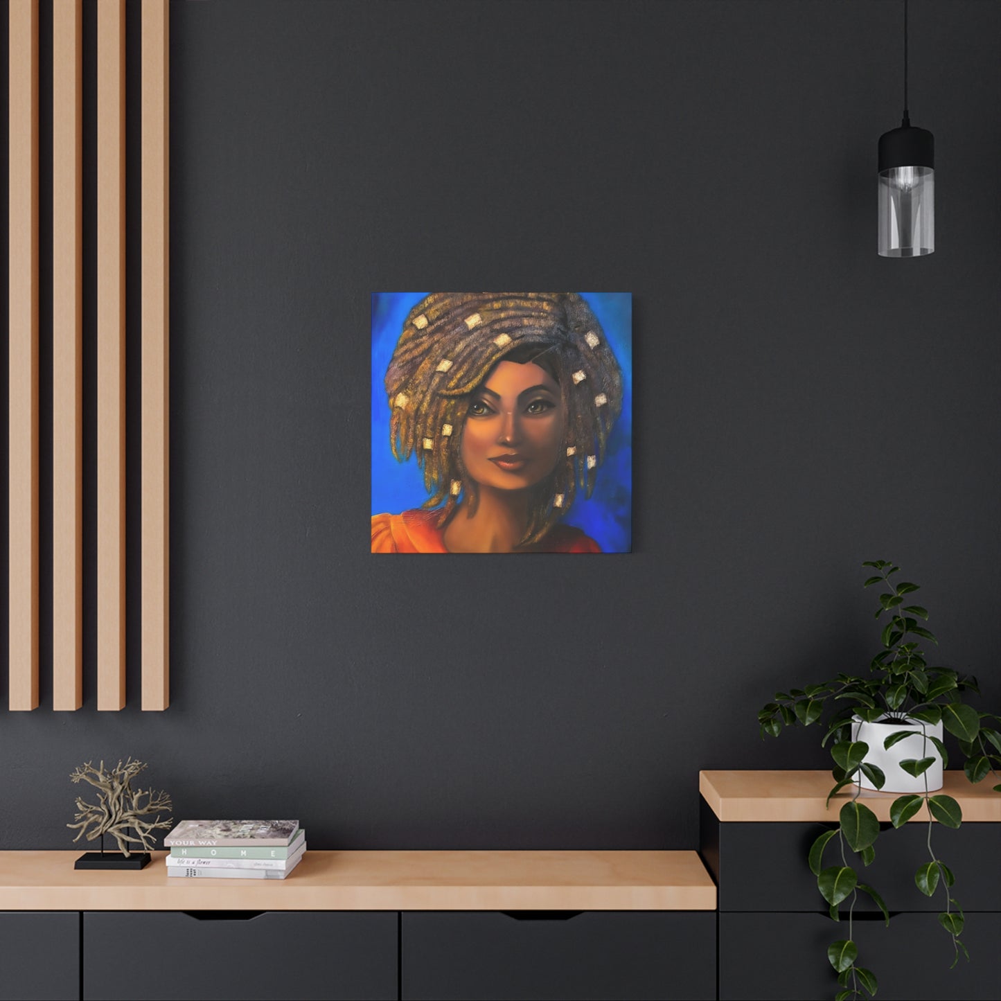 African Woman Portrait Canvas - Vibrant Blue Matte Stretched Wall Art