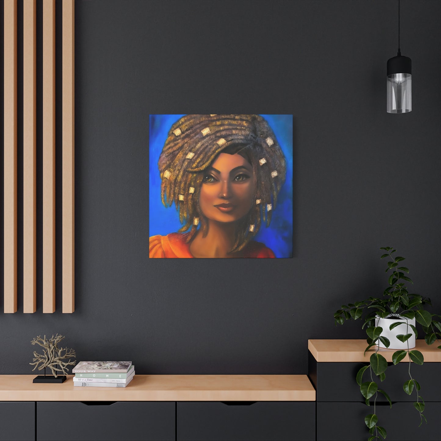 African Woman Portrait Canvas - Vibrant Blue Matte Stretched Wall Art