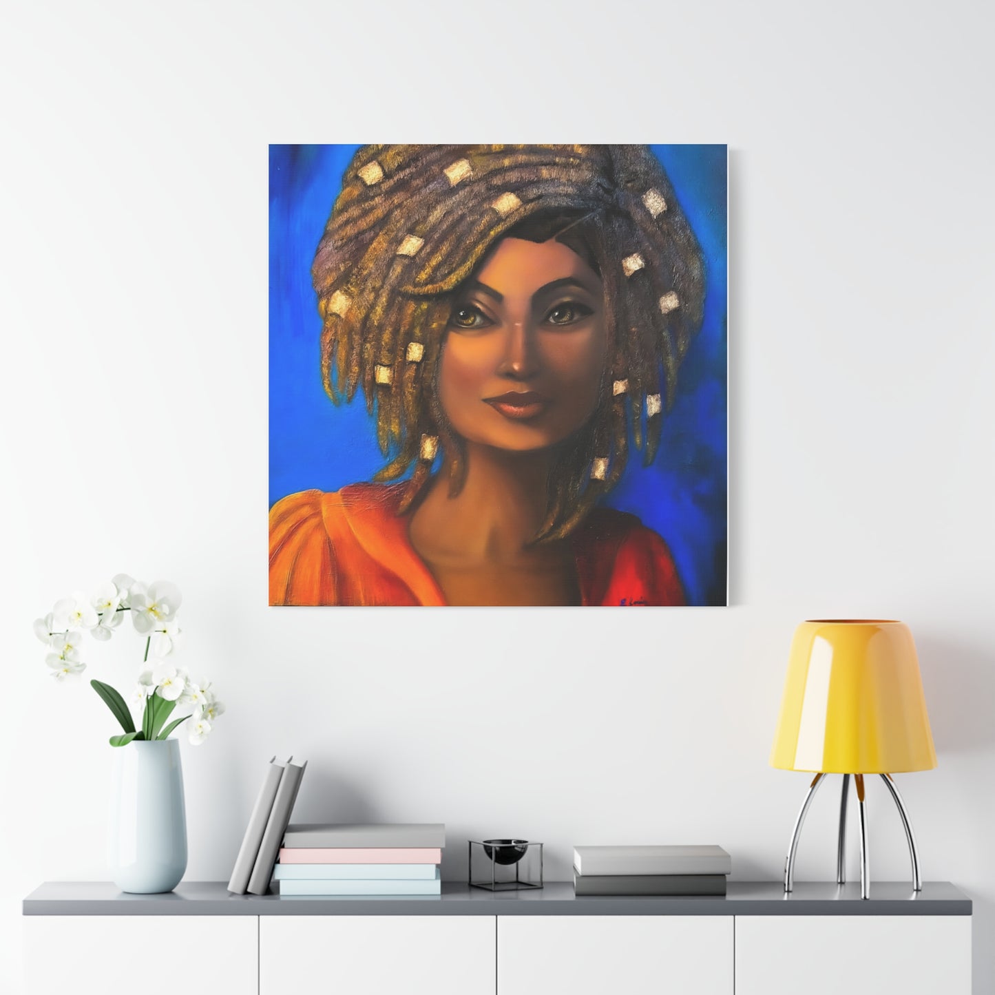 African Woman Portrait Canvas - Vibrant Blue Matte Stretched Wall Art