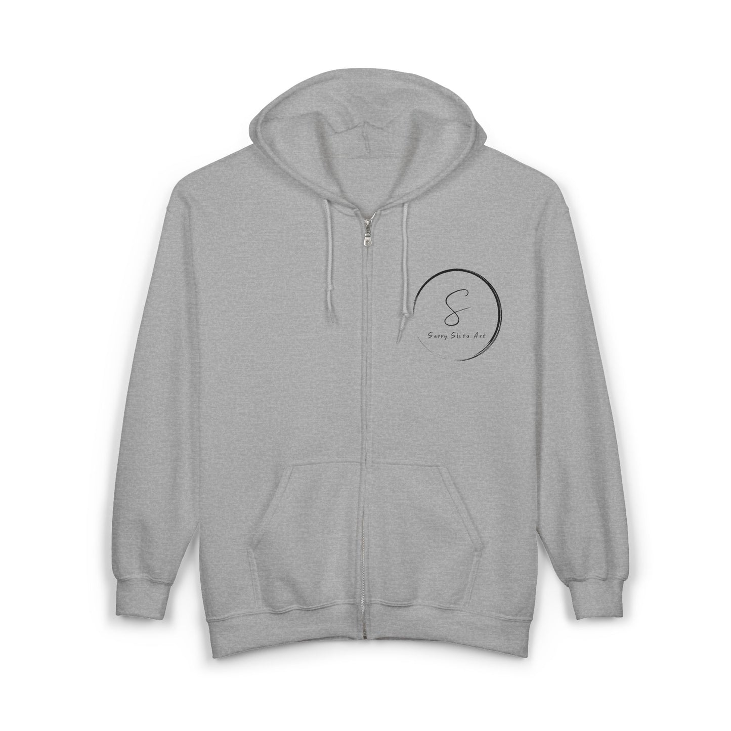 Minimalist 'Savvy Sista Art' Circle Zip Hoodie – Lightweight Grey Full-Zip Sweatshirt