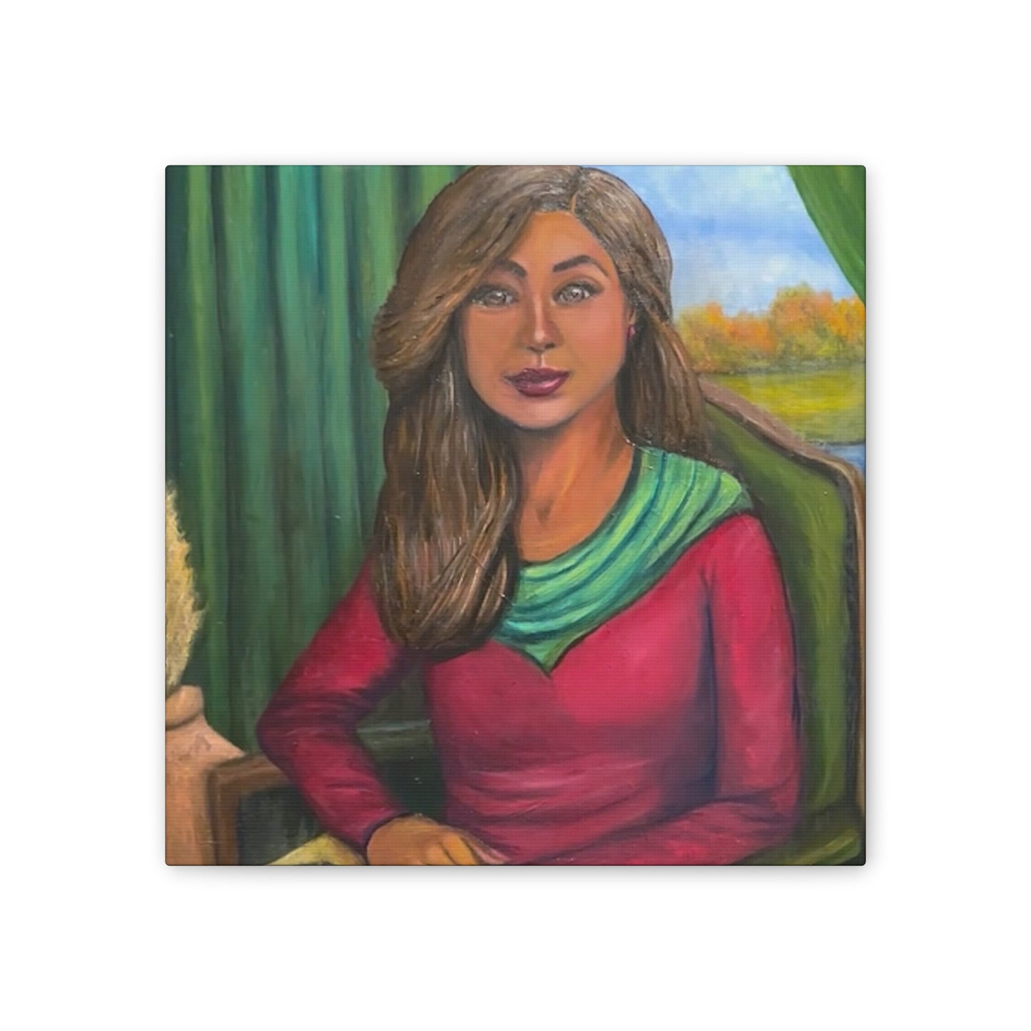 Portrait Canvas Print — Woman Reading in Cozy Green Interior