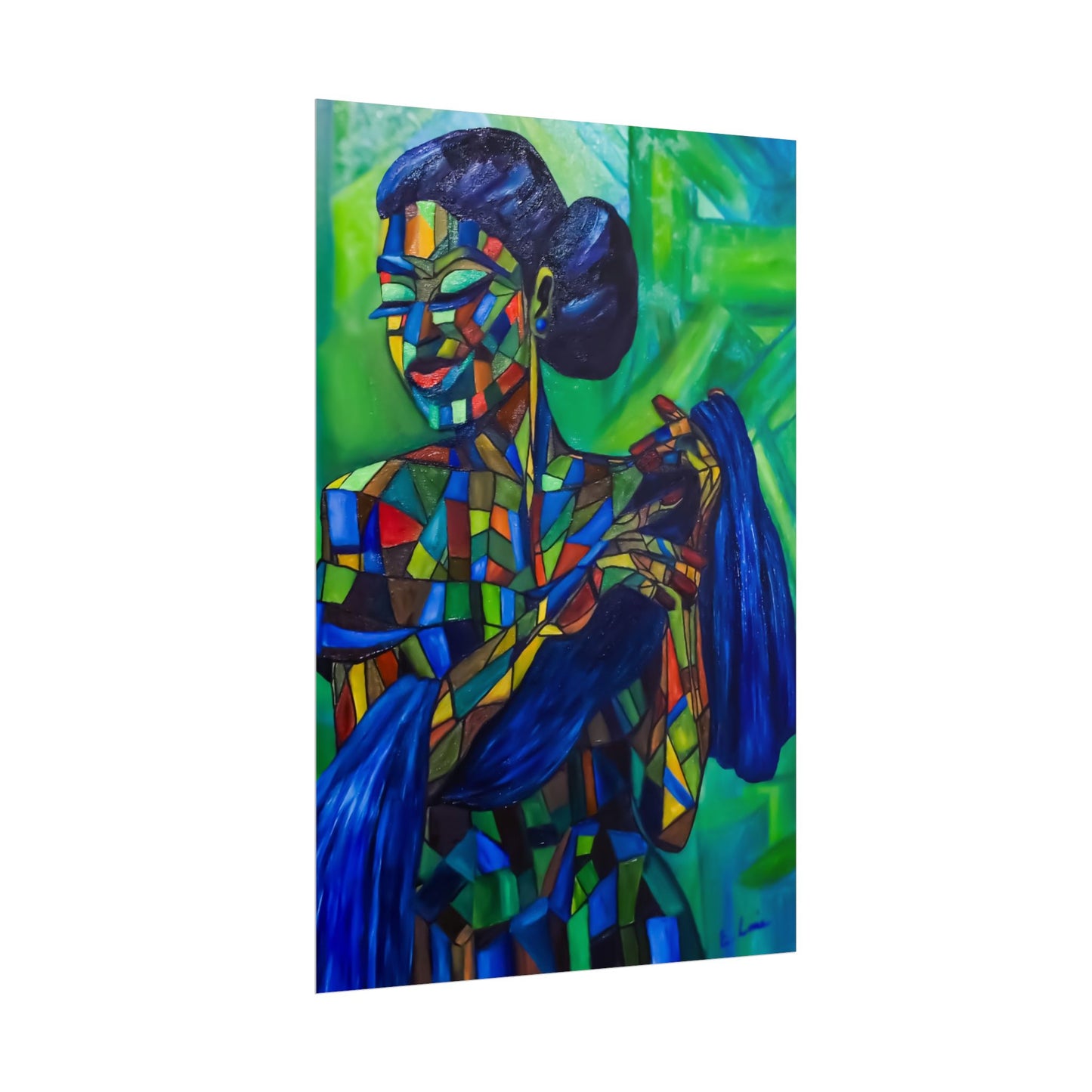 Rolled Poster — Colorful Mosaic Woman Art Print (Blue Hair, Vibrant Abstract)