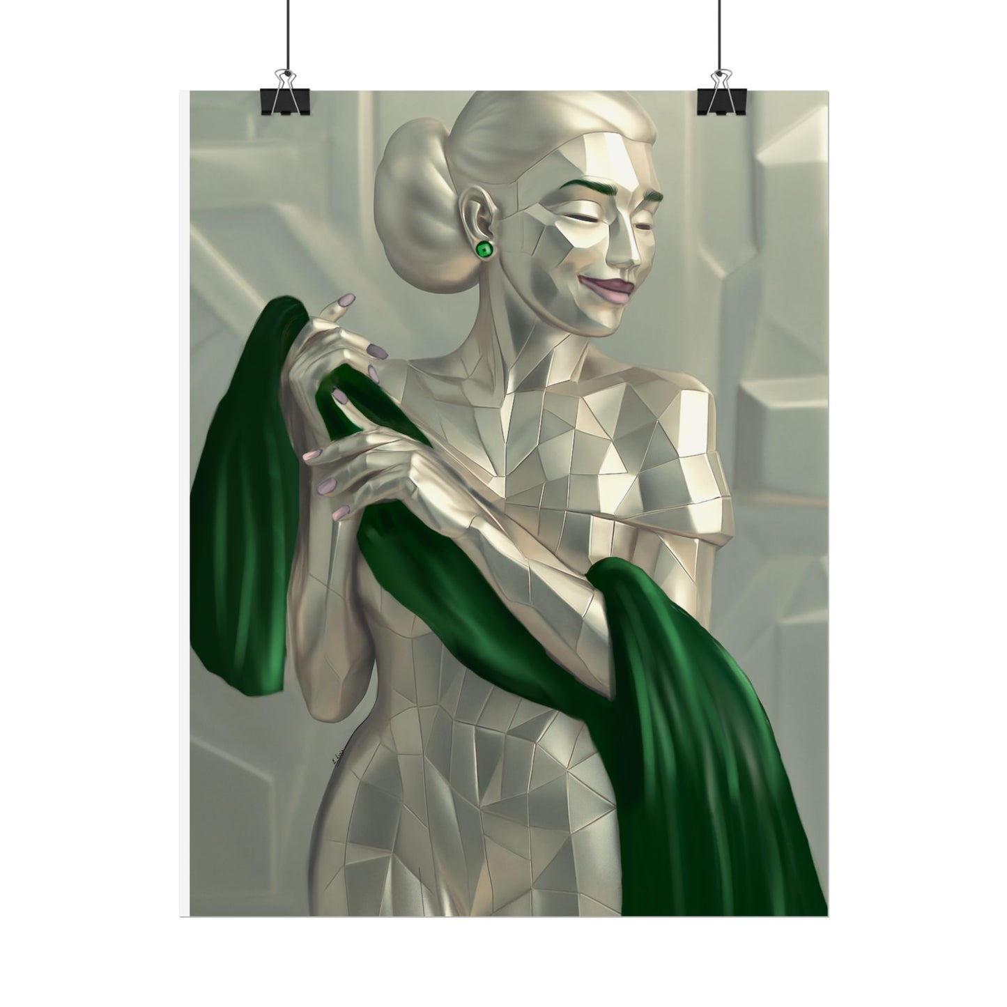 Art Deco Metallic Woman Rolled Poster — Elegant Geometric Portrait with Green Scarf
