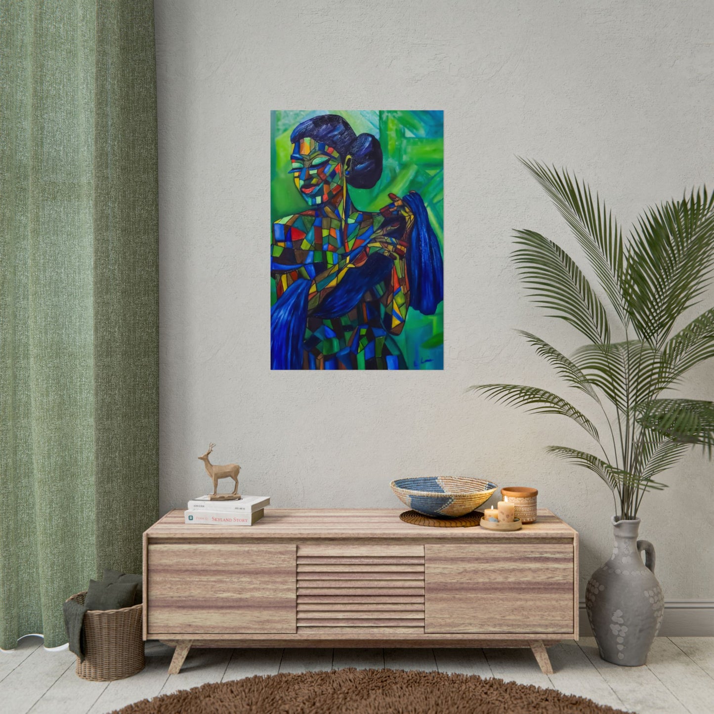 Rolled Poster — Colorful Mosaic Woman Art Print (Blue Hair, Vibrant Abstract)