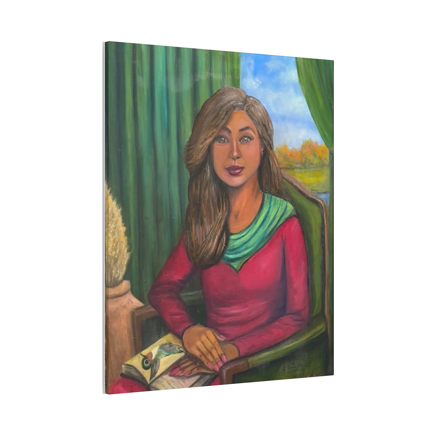 Portrait Canvas Print — Woman Reading in Cozy Green Interior