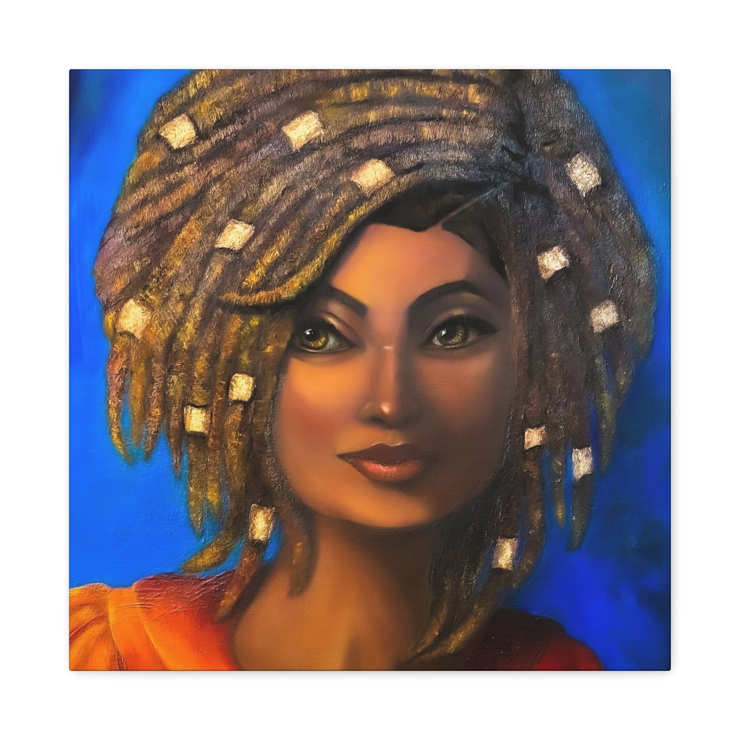 African Woman Portrait Canvas - Vibrant Blue Matte Stretched Wall Art