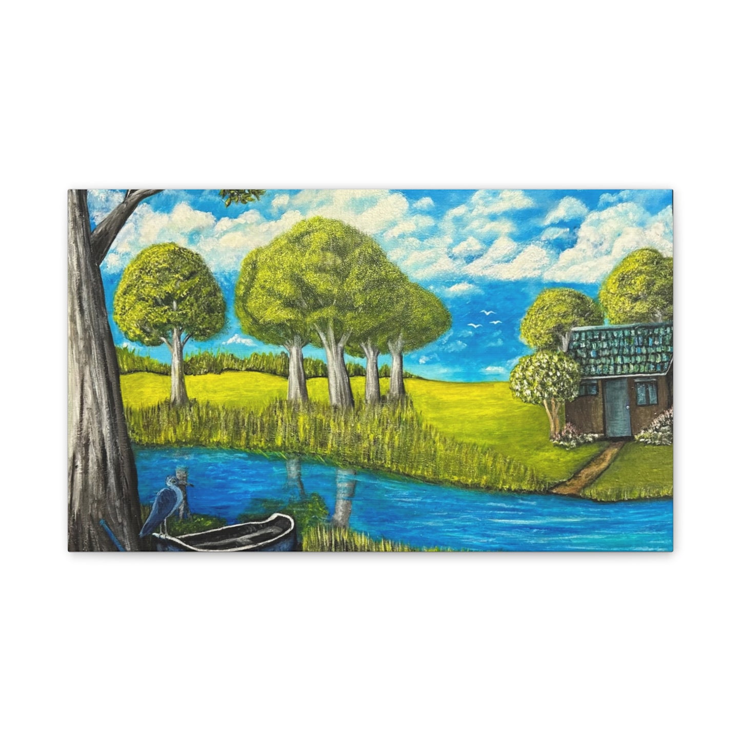 Cottage by the River – Tranquil Lakeside Landscape Print