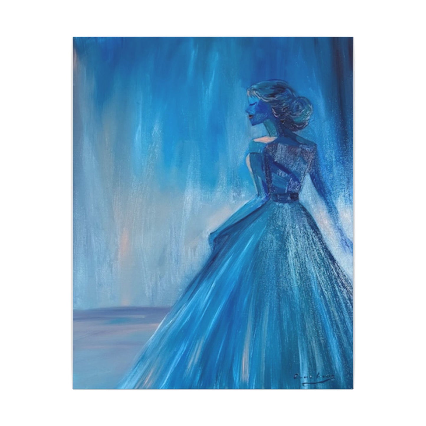 Lady Blue Behind the Waterfall on Canvas - Elegant Woman Silhouette Wall Art