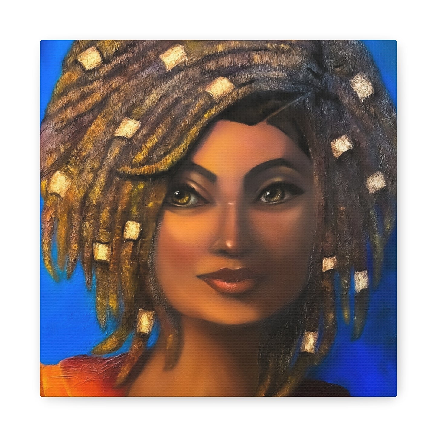 African Woman Portrait Canvas - Vibrant Blue Matte Stretched Wall Art