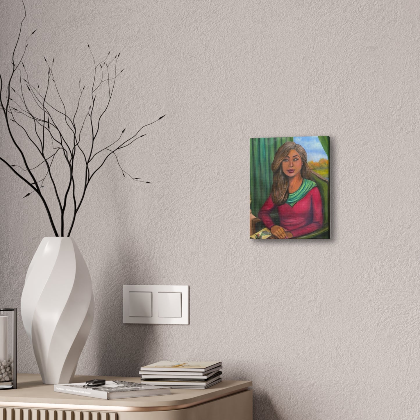 Portrait Canvas Print — Woman Reading in Cozy Green Interior