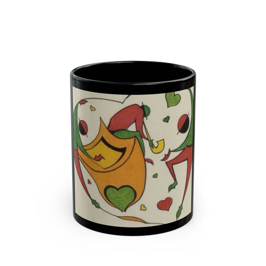 Jester Heart Black Mug — Playful Carnival Tea Coffee Cup (11oz/15oz)